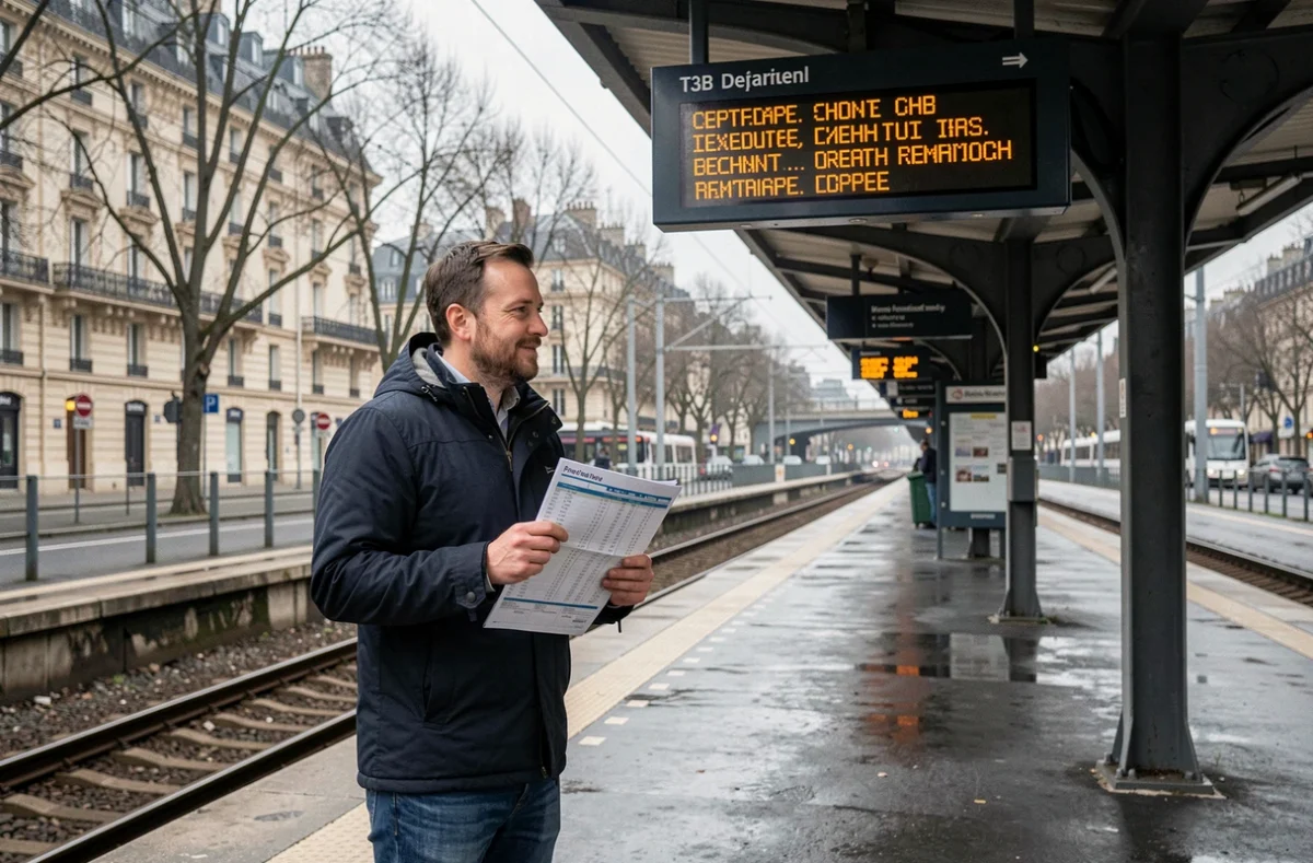 Passager consultant les horaires du tramway T3B sur un panneau d'affichage à quai