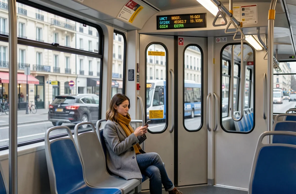 Intérieur du tramway T3B avec affichage des prochains arrêts et passagère assise