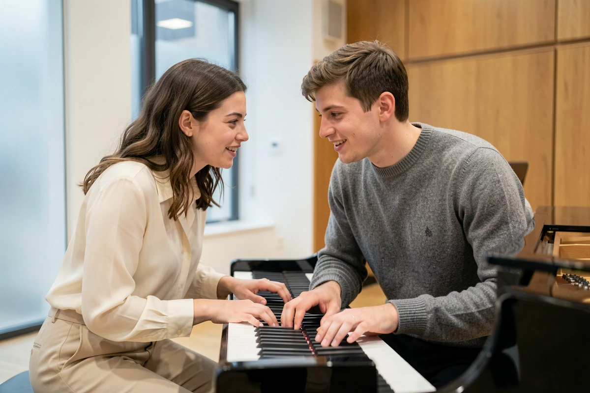 Deux jeunes pianistes français en masterclass dans une académie de musique moderne, échangeant sur une partition au piano