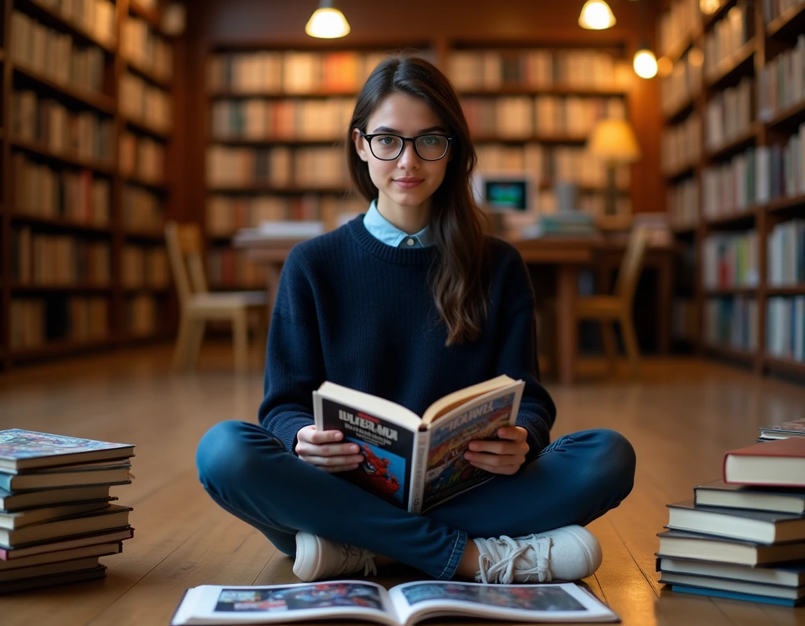 Jeune femme lisant des comics sur les origines des ennemis de Spider-Man dans une librairie indépendante