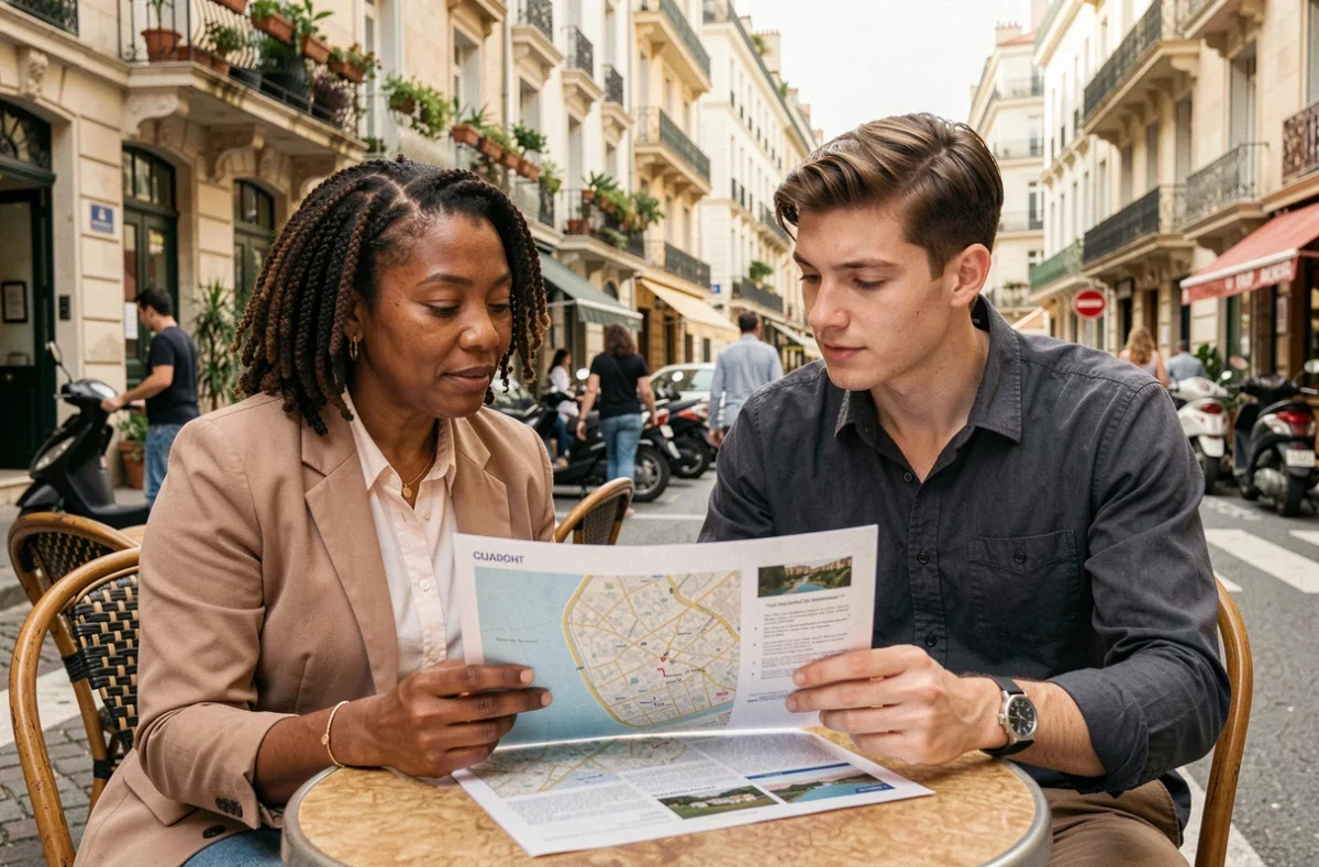 Deux habitants de Marseille consultant un document résidentiel en terrasse, symbolisant l'installation de nouveaux arrivants dans la ville