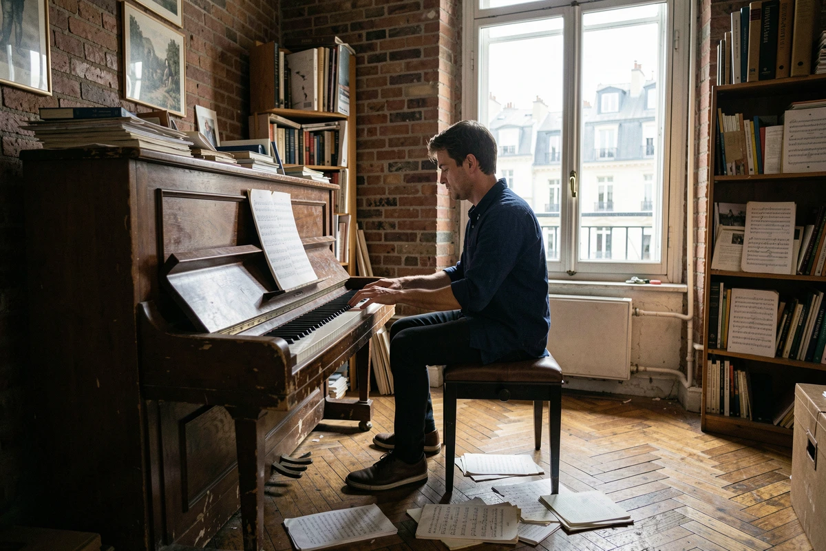 Pianiste français en train de répéter dans son studio parisien avec partitions et piano droit, ambiance intimiste