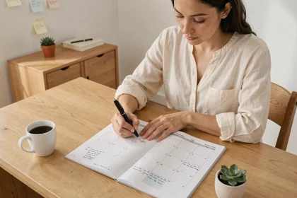 Femme écrivant dans un planning mensuel imprimé en format paysage posé sur un bureau en bois, ambiance bureau à domicile organisée et chaleureuse