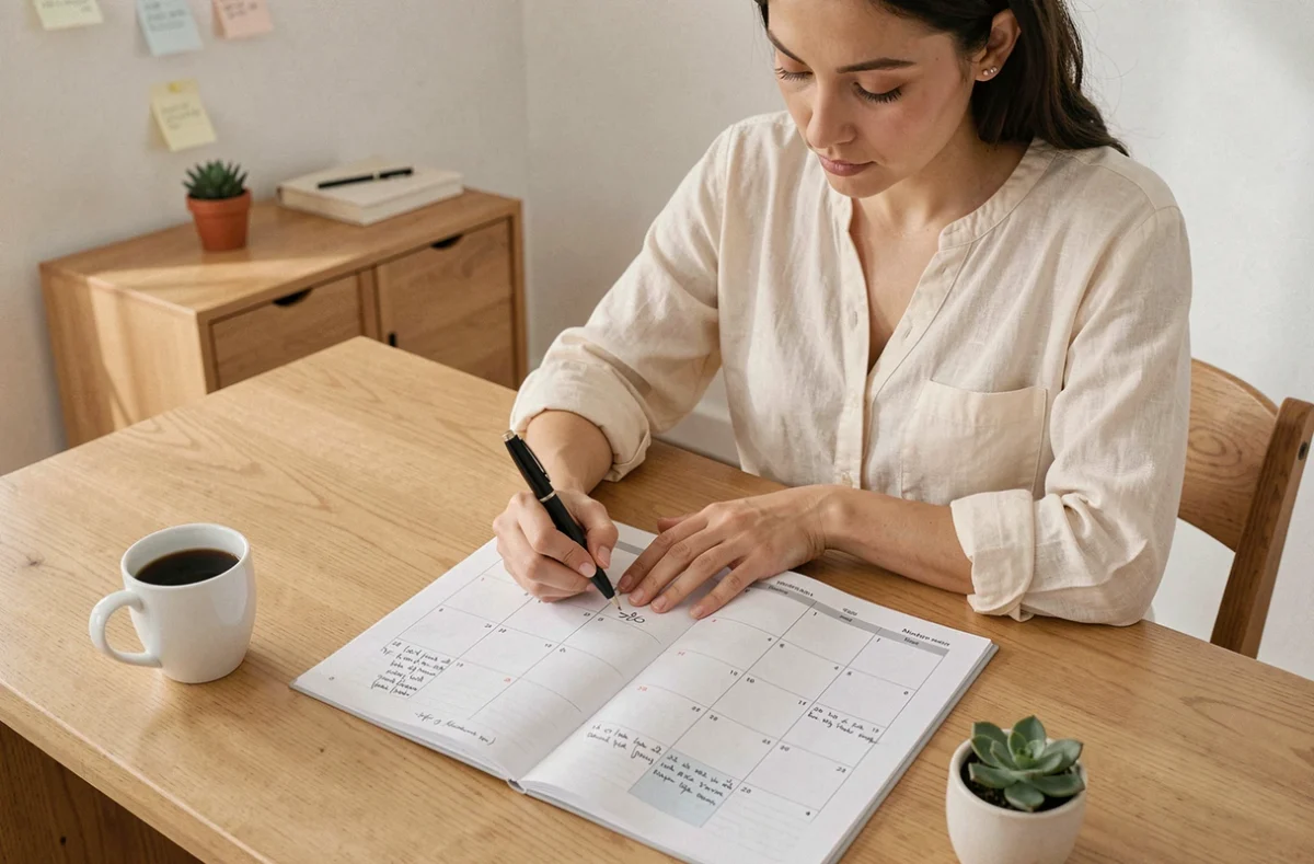 Femme écrivant dans un planning mensuel imprimé en format paysage posé sur un bureau en bois, ambiance bureau à domicile organisée et chaleureuse