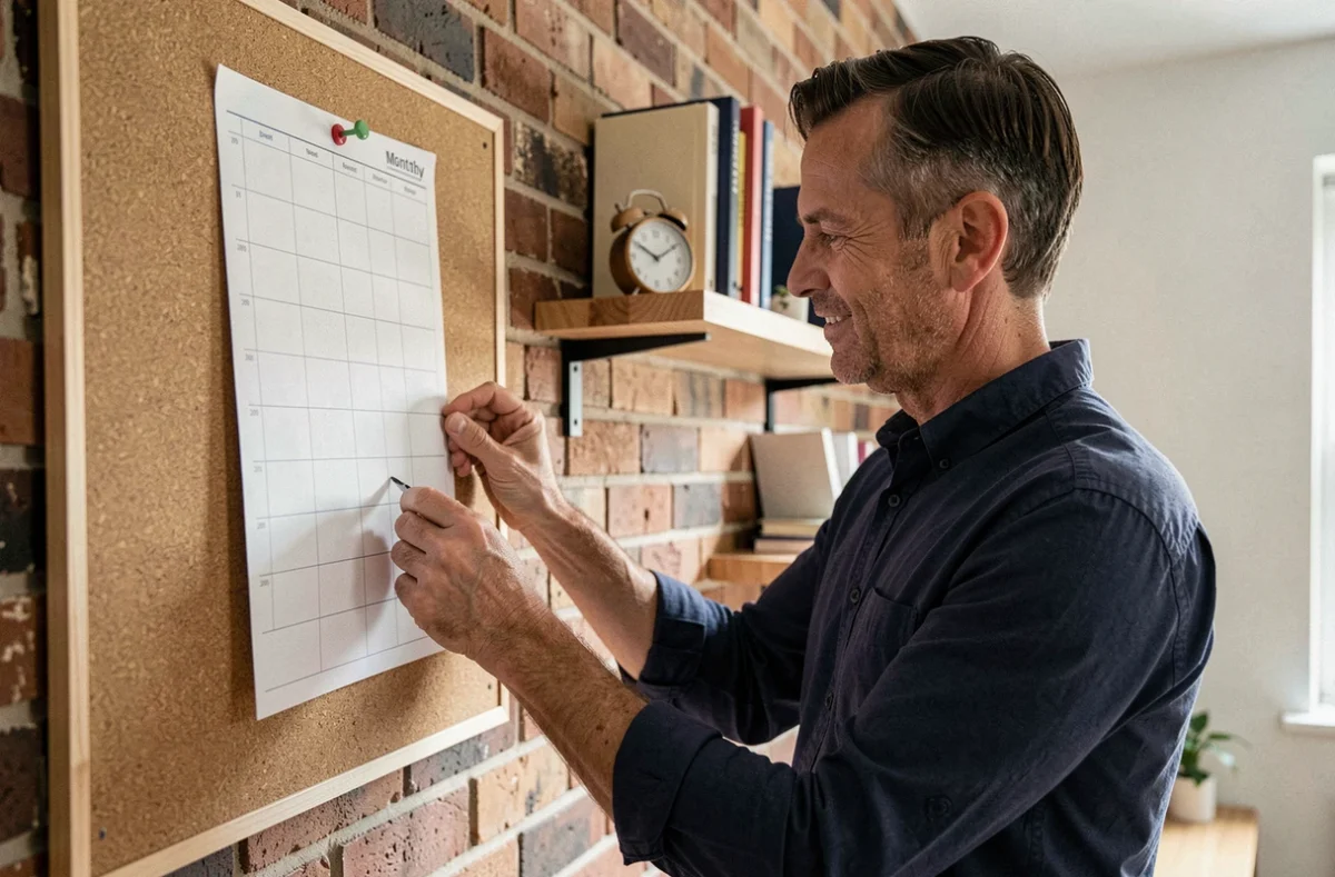 Homme épinglant un planning mensuel imprimé en format portrait sur un tableau en liège dans un espace de travail moderne