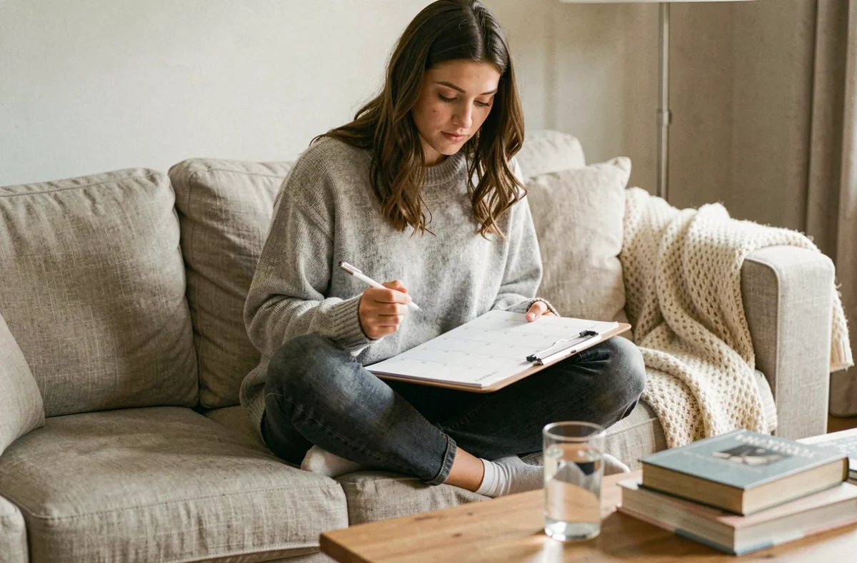 Jeune femme consultant un planning mensuel imprimé sur un clipboard posé sur ses genoux dans un salon cosy et décoré avec soin