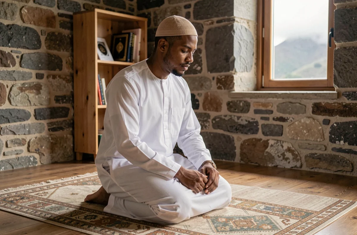 Jeune homme musulman en prière sur un tapis de prière dans un appartement aux murs en pierre d'Auvergne