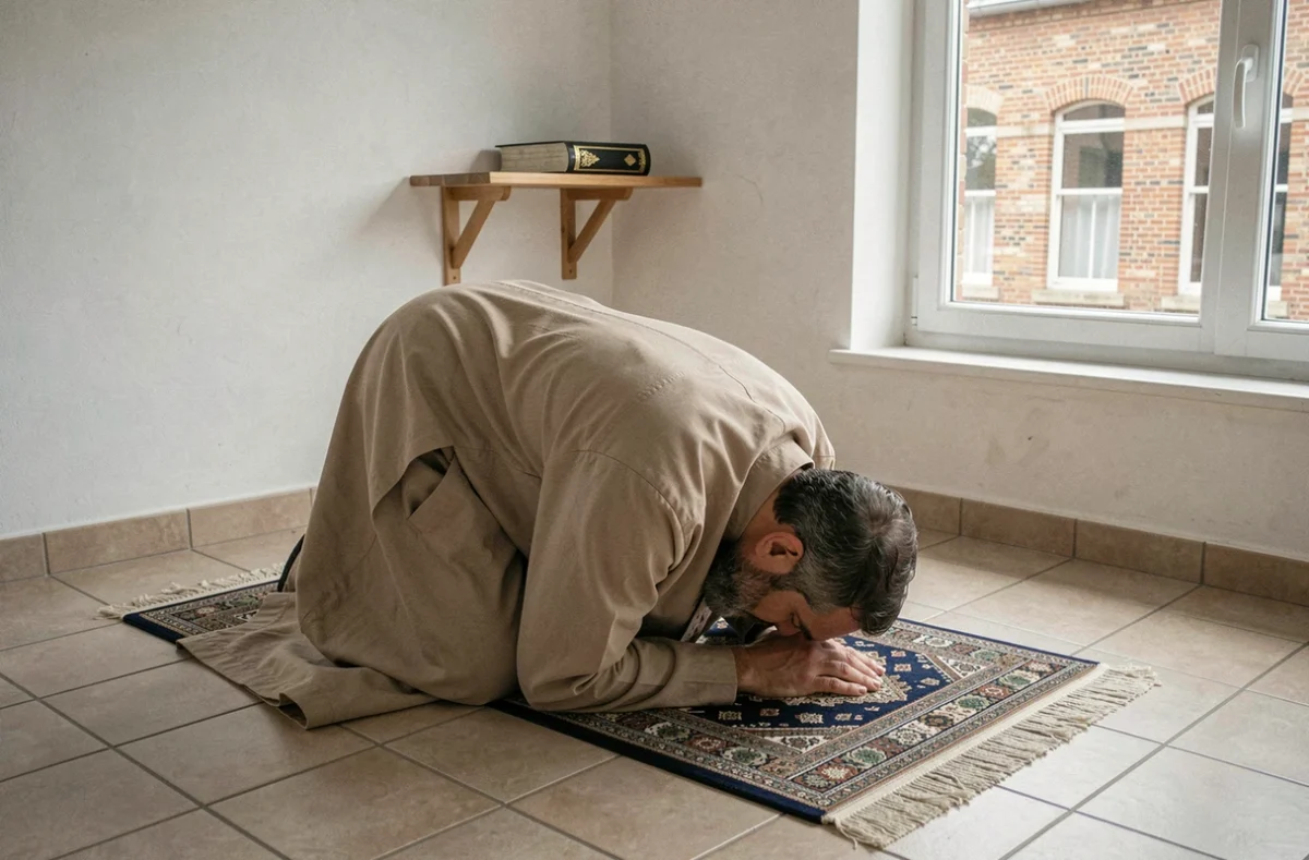 Homme en prosternation sur un tapis de prière dans une salle communautaire de Valenciennes