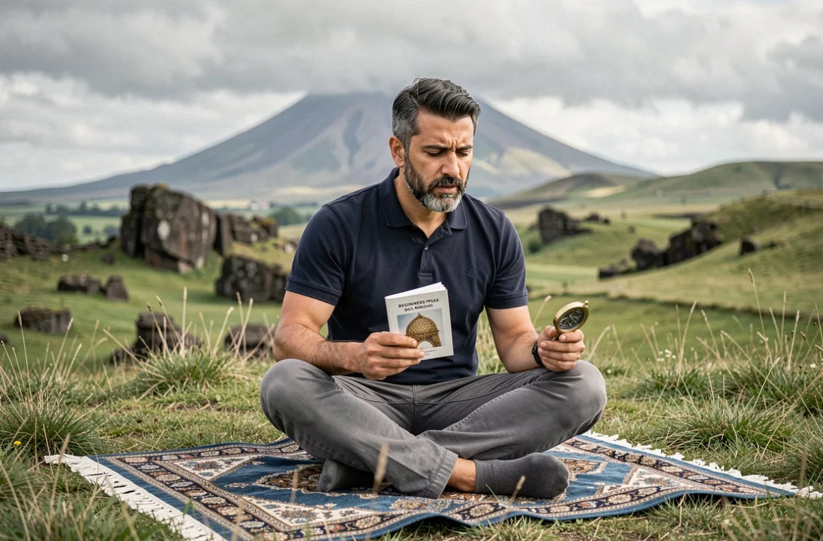 Homme consultant un guide de prière pour débutant sur les hauteurs volcaniques de la Chaîne des Puys en Auvergne