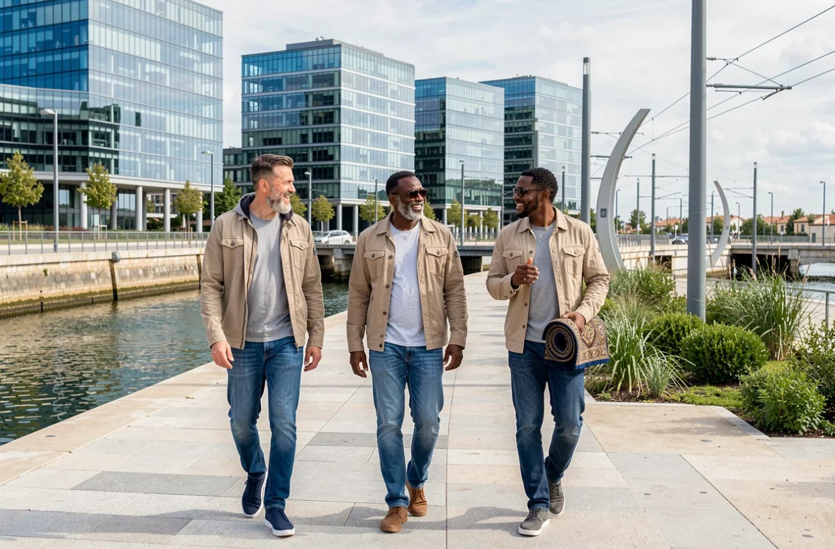 Groupe d'hommes musulmans se rendant à la prière dans le quartier moderne de Port Marianne à Montpellier avec tapis de prière