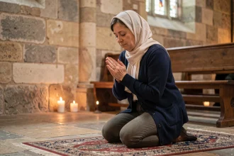 Femme en prière dans une église historique de Valenciennes, ambiance recueillie et spirituelle