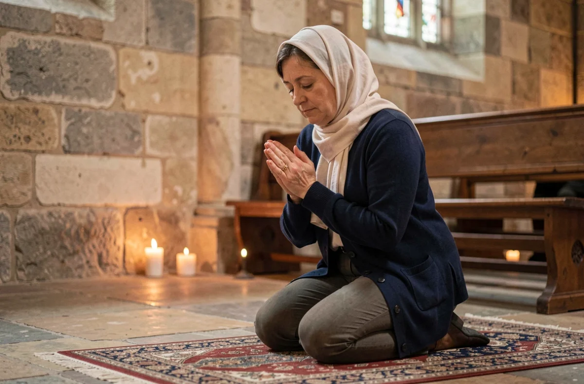 Femme en prière dans une église historique de Valenciennes, ambiance recueillie et spirituelle