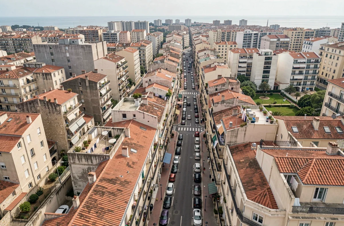 Vue aérienne d'un quartier résidentiel dense de Marseille illustrant la densité de population et l'habitat urbain de la deuxième ville de France