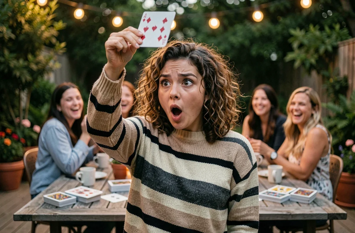 Jeune femme réagissant avec surprise en tenant une carte lors d'une partie de Palmier jeu alcool en plein air entre amis