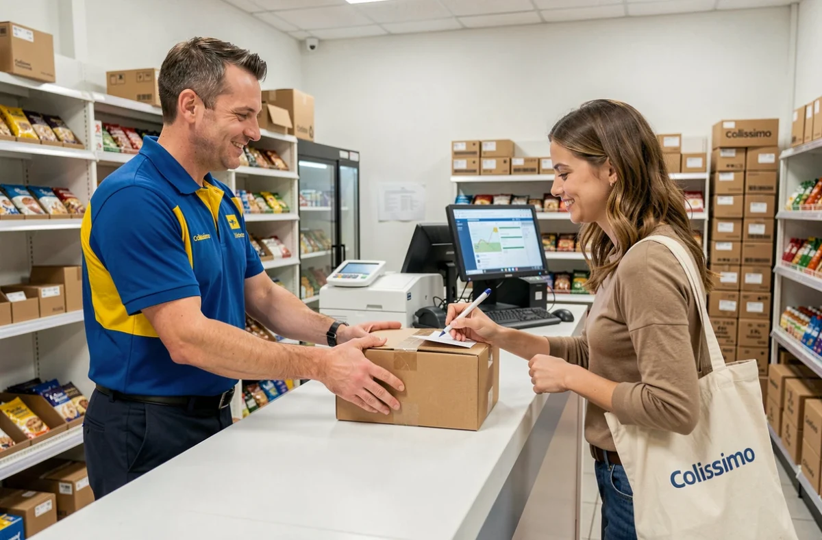 Remise d'un colis Colissimo par un livreur à une cliente dans un point relai