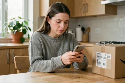 Femme consultant le suivi de colis Amazon LP Collect sur son smartphone dans une cuisine moderne