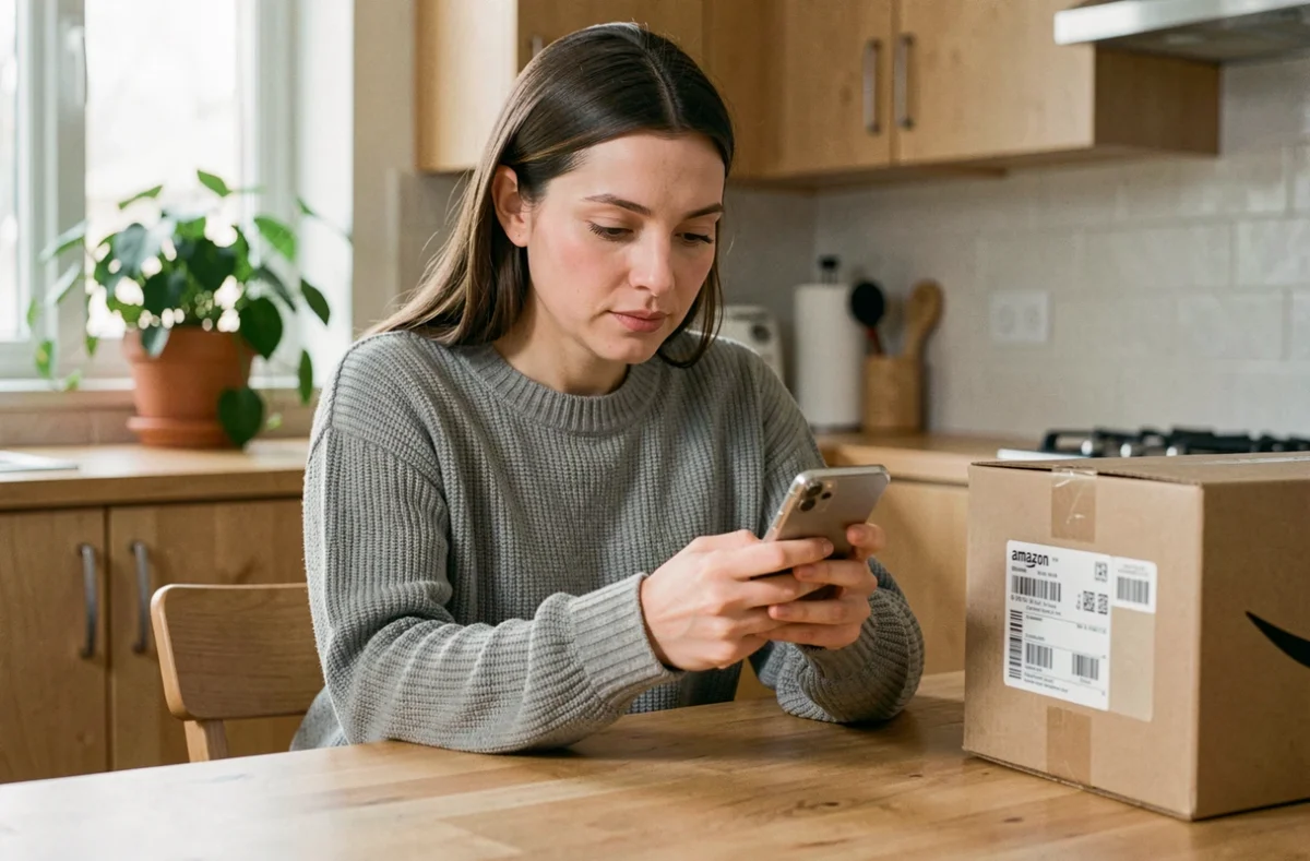 Femme consultant le suivi de colis Amazon LP Collect sur son smartphone dans une cuisine moderne