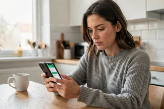 Femme utilisant une application de suivi de colis Colissimo sur smartphone dans une cuisine moderne