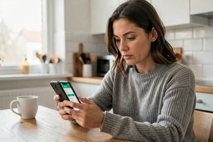 Femme utilisant une application de suivi de colis Colissimo sur smartphone dans une cuisine moderne