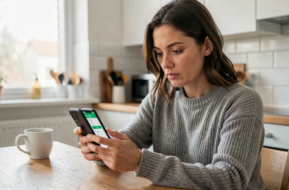 Femme utilisant une application de suivi de colis Colissimo sur smartphone dans une cuisine moderne