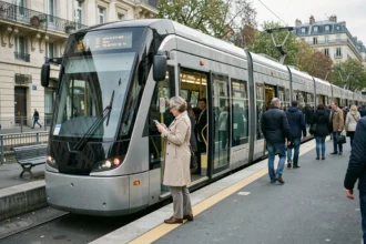 Tramway T3B à l'arrêt dans une station parisienne avec des voyageurs qui montent et descendent
