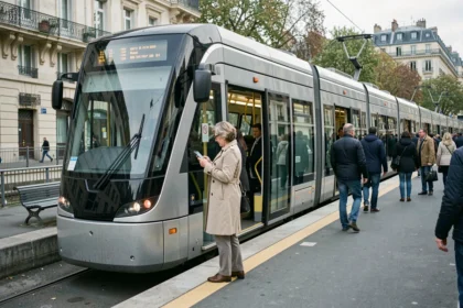 Tramway T3B à l'arrêt dans une station parisienne avec des voyageurs qui montent et descendent