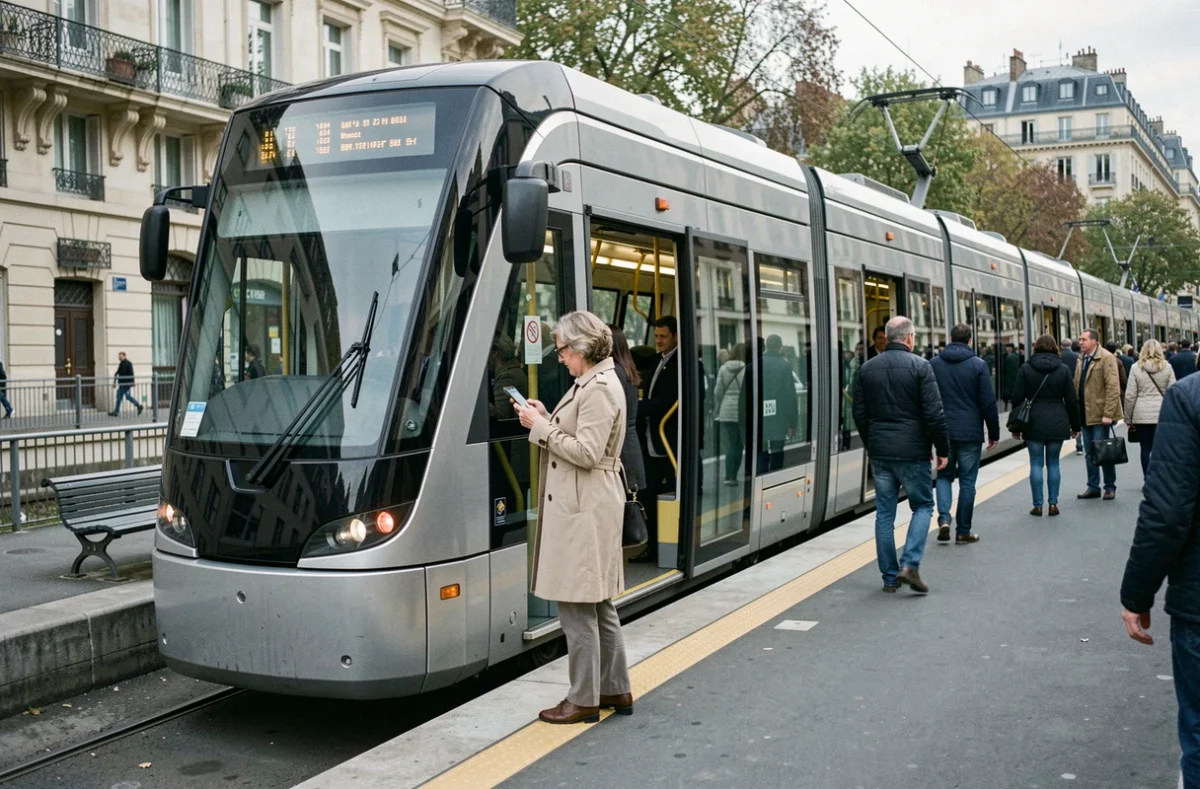 Tramway T3B à l'arrêt dans une station parisienne avec des voyageurs qui montent et descendent