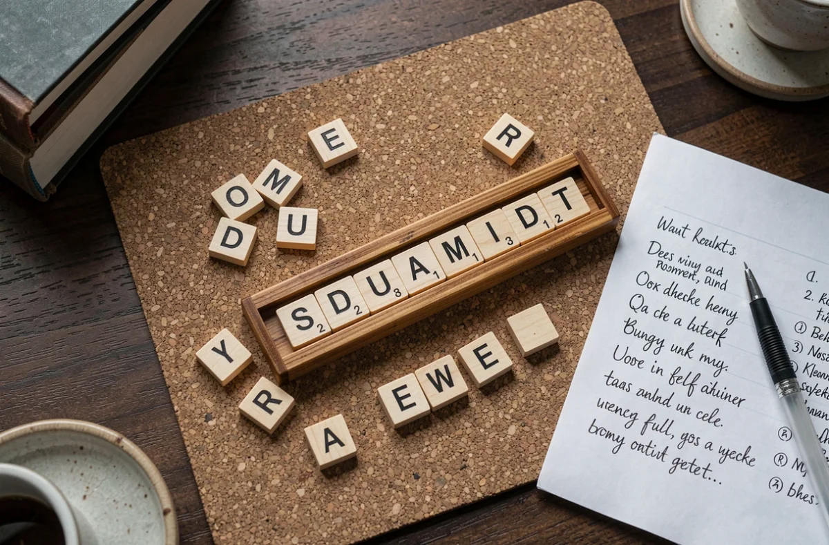 Vue aérienne d'un chevalet Scrabble avec des lettres mélangées et une liste d'anagrammes manuscrite