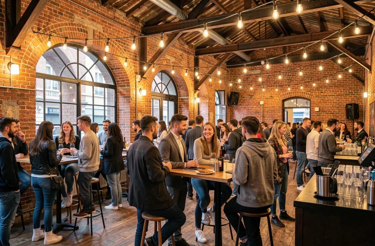 Espace événementiel reconverti de La Bellevilloise avec briques apparentes et ambiance festive