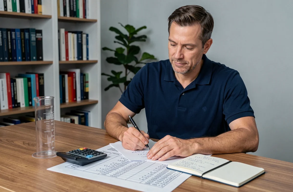 Homme calculant des conversions de volume en cm³ et en litres à un bureau avec tableau de conversion et cylindre gradué