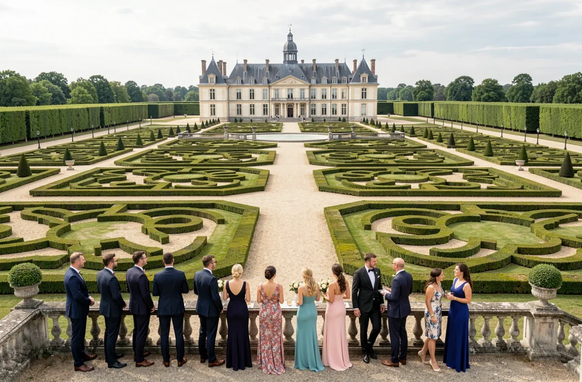 Jardins à la française du Château de Vaux-le-Vicomte avec invités lors d'une réception extérieure