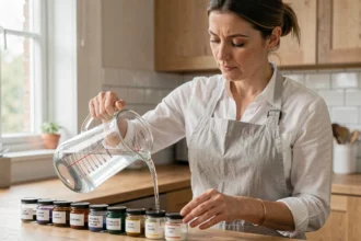 Femme versant de l'eau dans des contenants gradués pour illustrer la conversion de volume en litres et en centilitres dans une cuisine moderne