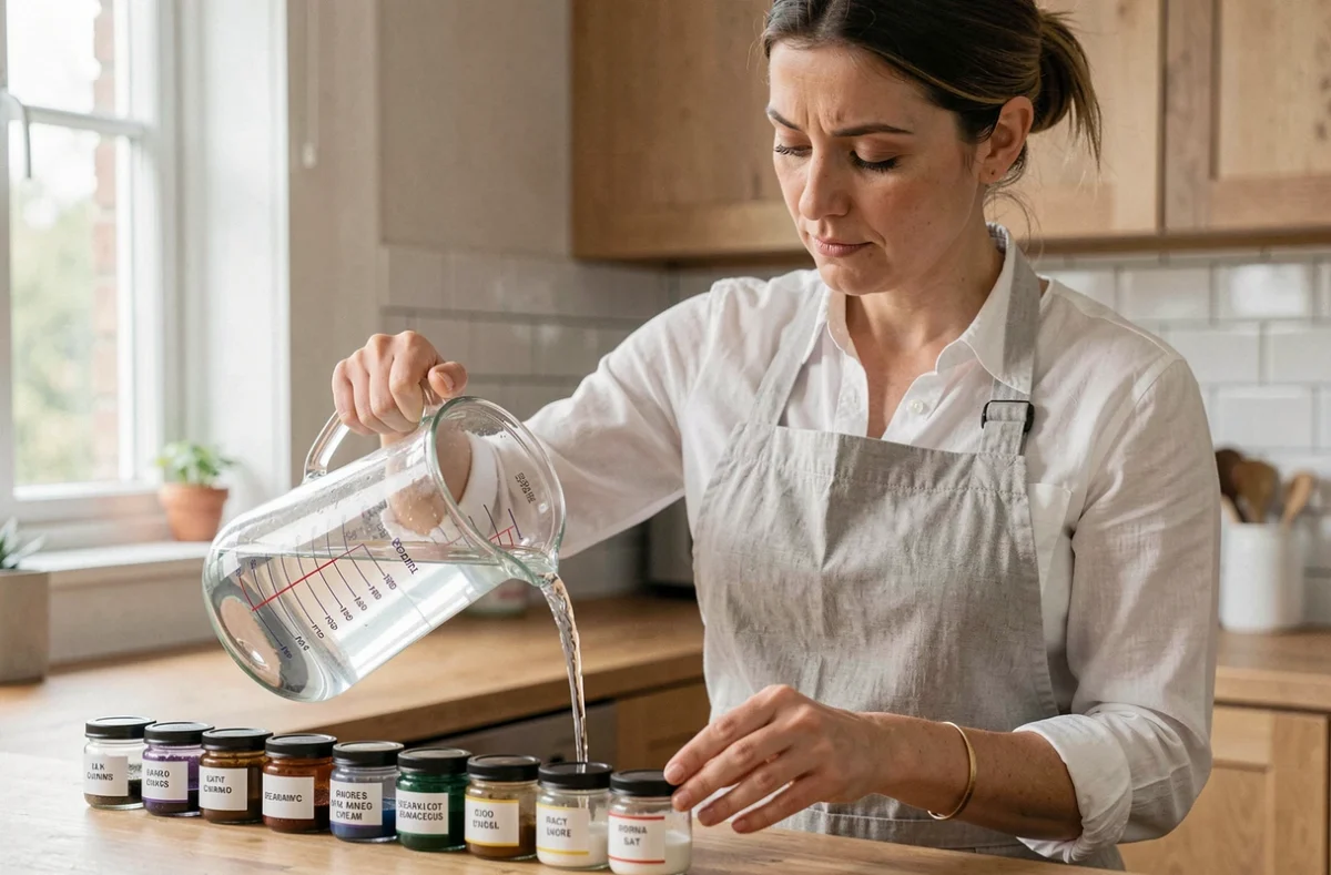 Femme versant de l'eau dans des contenants gradués pour illustrer la conversion de volume en litres et en centilitres dans une cuisine moderne