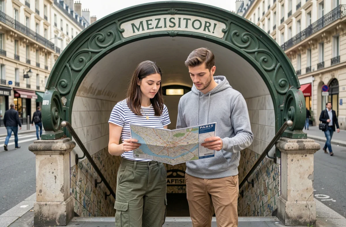Couple de touristes consultant une carte de Paris et ses arrondissements devant une entrée de métro parisien