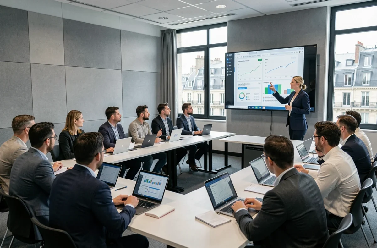Salle de séminaire polyvalente de l'Espace Langevin à Paris avec participants en réunion corporate