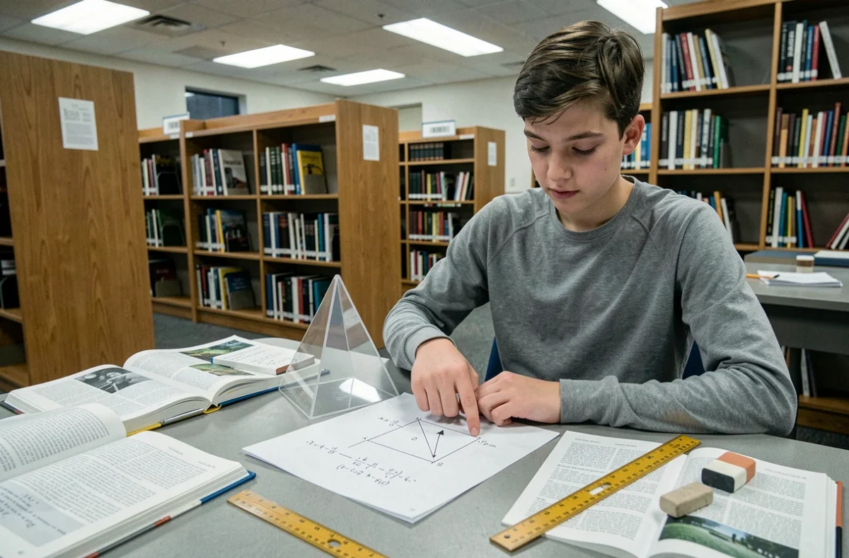 Adolescent étudiant le volume d'une pyramide à base carrée dans une bibliothèque scolaire avec maquette et fiches de révision