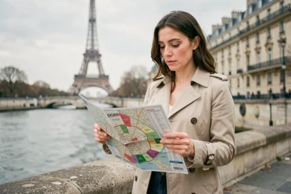 Femme tenant une carte de Paris et de ses arrondissements au bord de la Seine avec la Tour Eiffel en arrière-plan