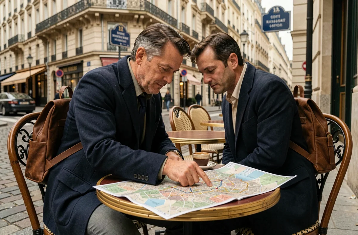 Homme consultant une carte des arrondissements de Paris à la terrasse d'un café parisien