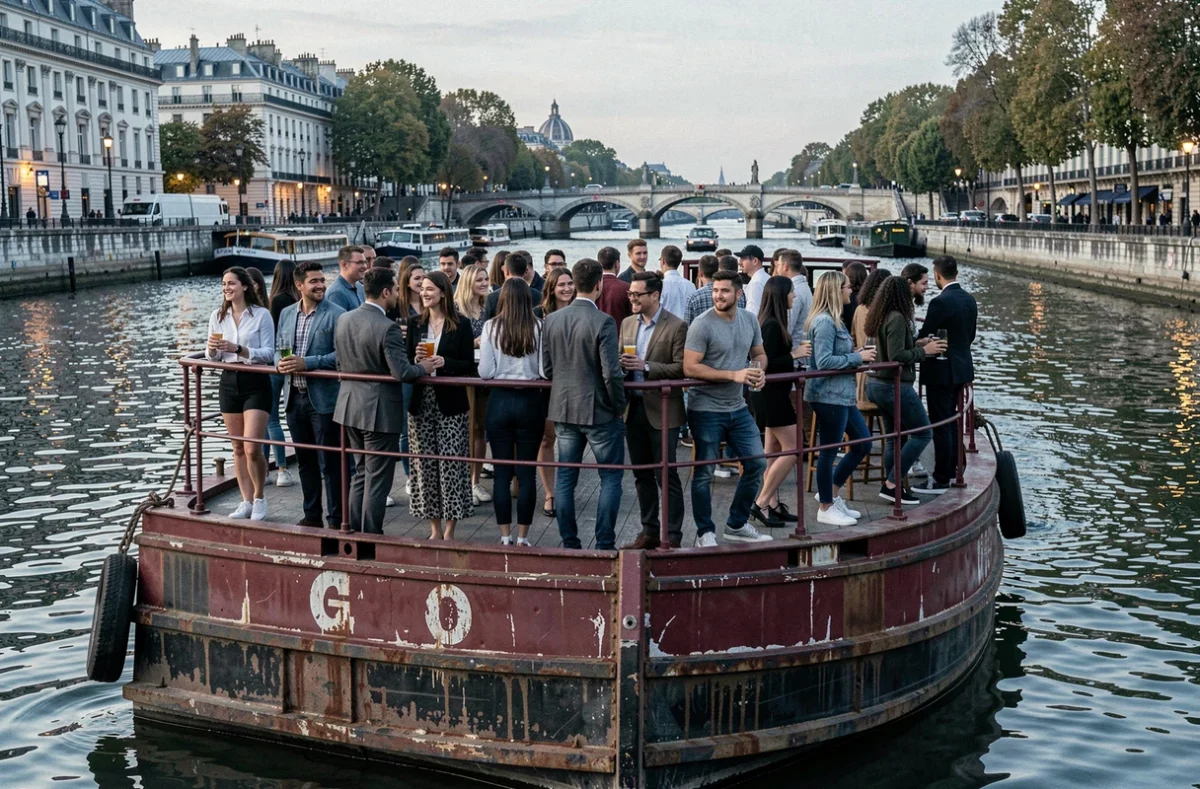 Péniche événementielle Le Batofar amarrée sur la Seine à Paris lors d'un événement en soirée