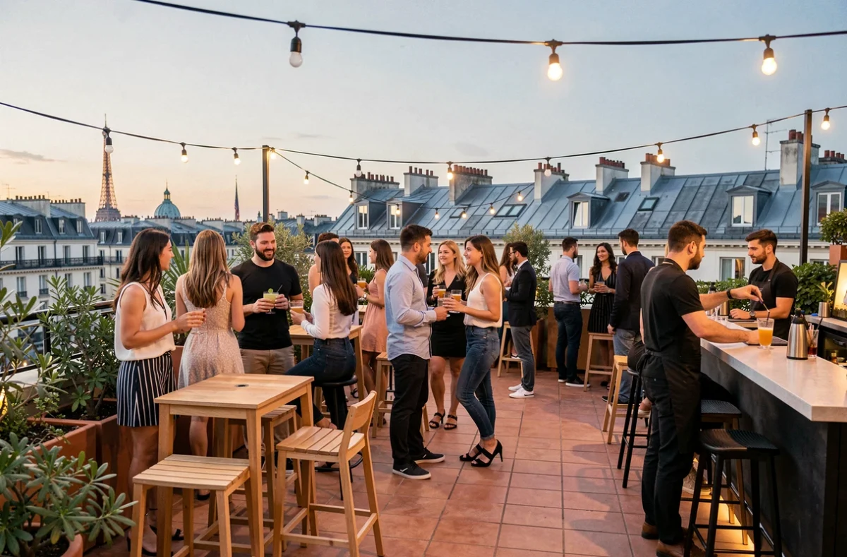 Rooftop événementiel Le Perchoir privatisé à Paris avec vue sur les toits et bar extérieur