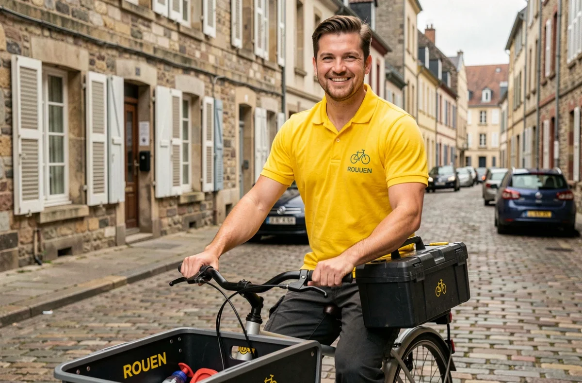 Plombier de Le Plombike avec son vélo cargo d'intervention dans les rues de Rouen