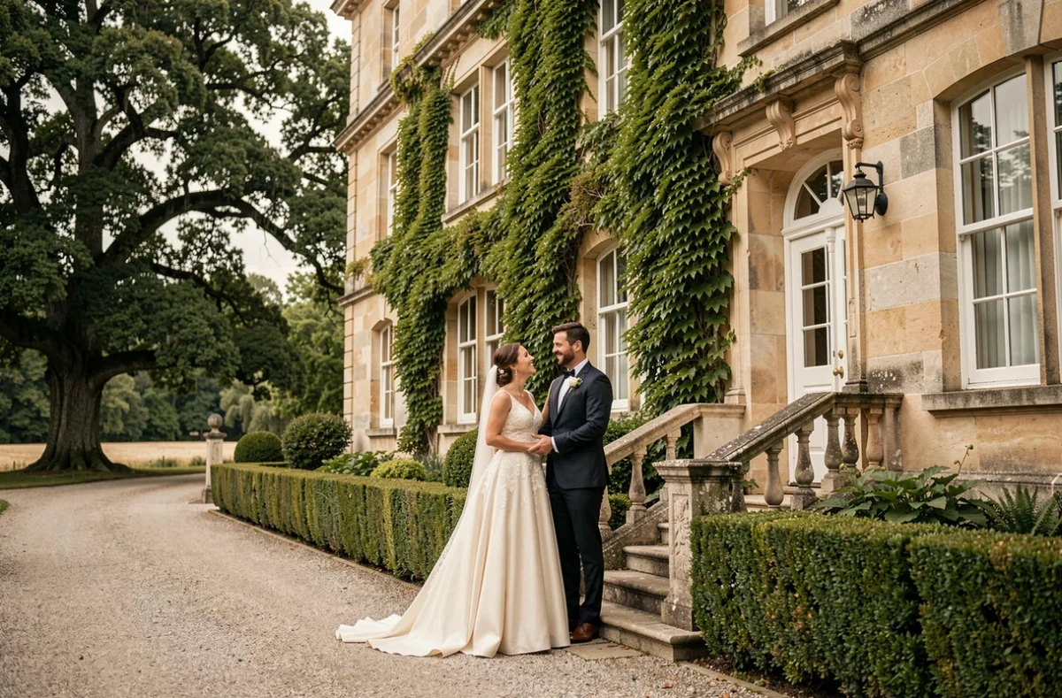 Couple de mariés devant la façade en pierre du Manoir des Cygnes entouré de verdure