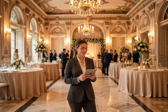 Planificatrice d'événements dans une salle de réception parisienne élégante décorée pour un gala