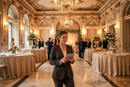 Planificatrice d'événements dans une salle de réception parisienne élégante décorée pour un gala