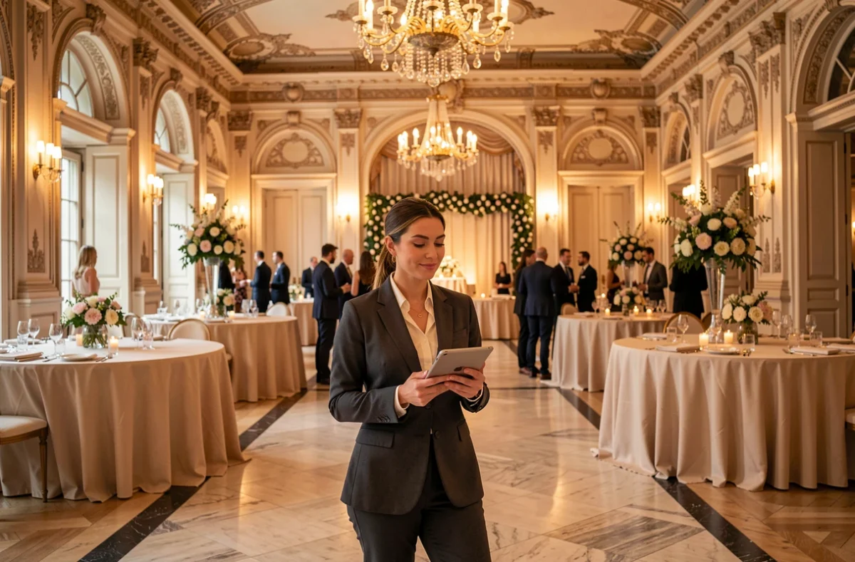 Planificatrice d'événements dans une salle de réception parisienne élégante décorée pour un gala