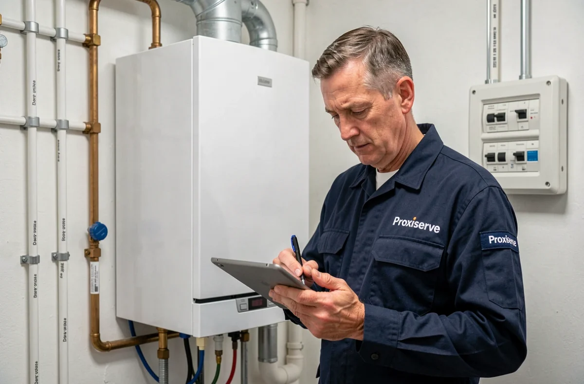 Technicien Proxiserve effectuant la maintenance d'une chaudière moderne dans une maison normande