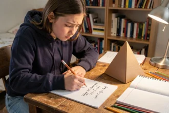 Lycéenne révisant la formule du volume d'une pyramide à base carrée sur son bureau avant un devoir surveillé de mathématiques