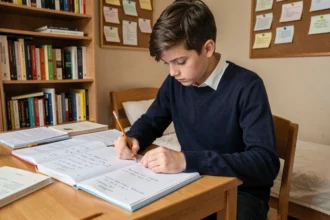 Adolescent qui écrit des exercices de conjugaison sur le passé composé et l'imparfait dans un cahier, assis à un bureau en bois entouré de livres de grammaire française