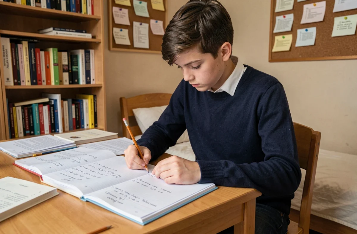 Adolescent qui écrit des exercices de conjugaison sur le passé composé et l'imparfait dans un cahier, assis à un bureau en bois entouré de livres de grammaire française