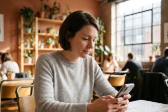 Femme prenant rendez-vous chez l'opticien sur son smartphone dans un café